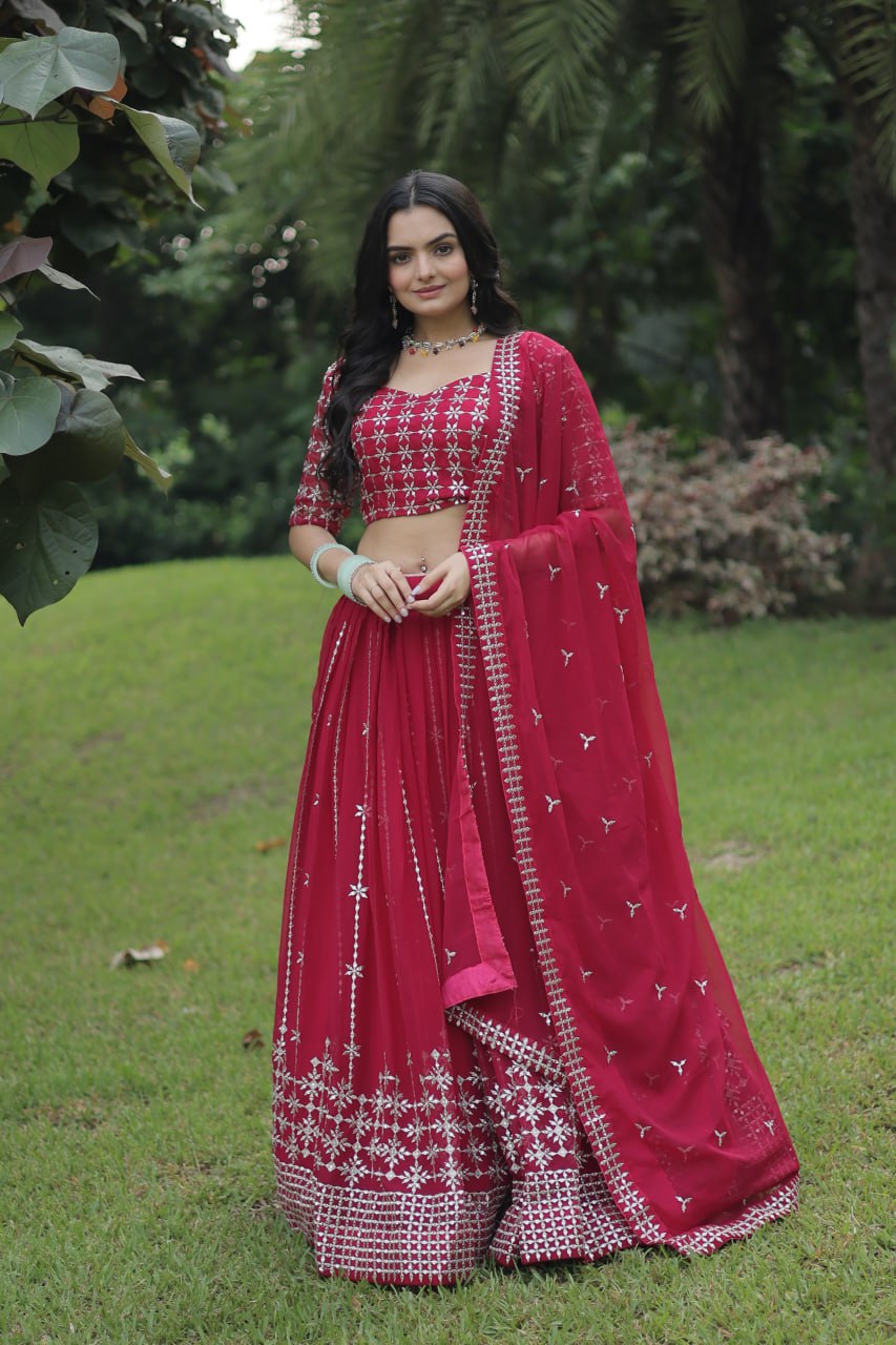 Rani Color Function Wear Georgette Embroidery Work Lehenga Choli Dupatta Set