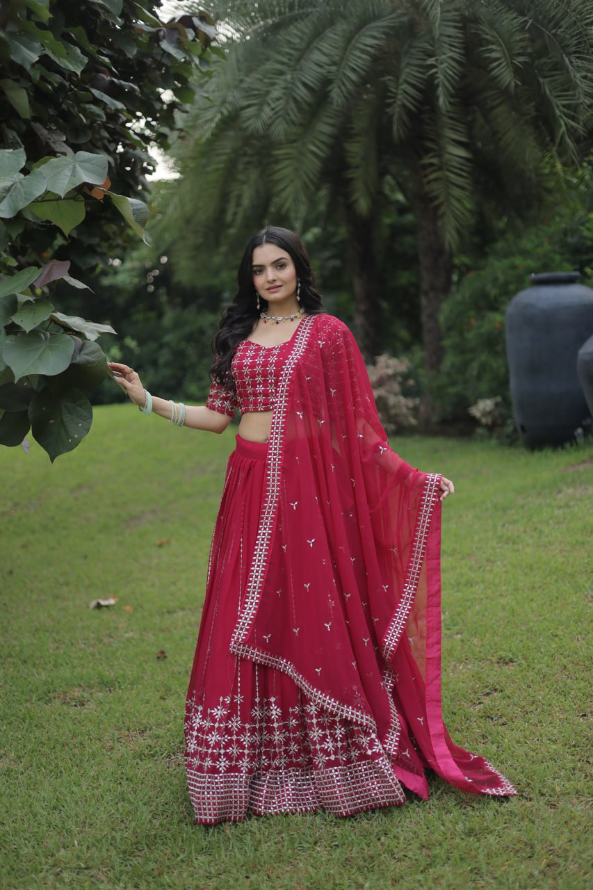 Rani Color Function Wear Georgette Embroidery Work Lehenga Choli Dupatta Set