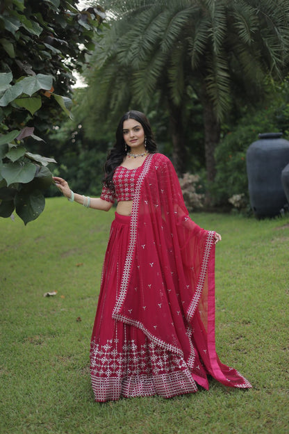 Rani Color Function Wear Georgette Embroidery Work Lehenga Choli Dupatta Set