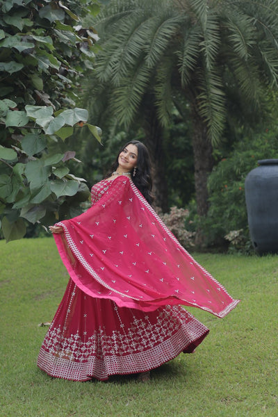 Rani Color Function Wear Georgette Embroidery Work Lehenga Choli Dupatta Set