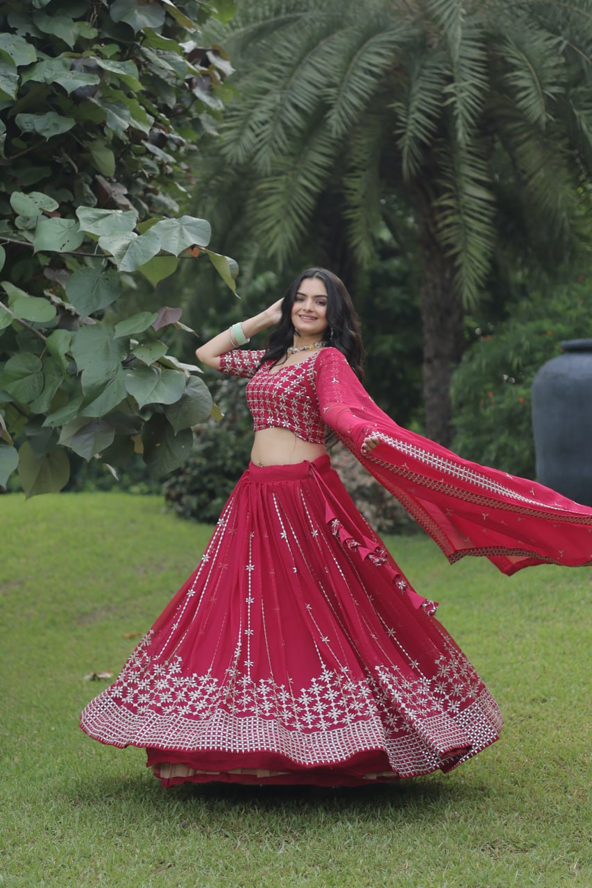 Rani Color Function Wear Georgette Embroidery Work Lehenga Choli Dupatta Set