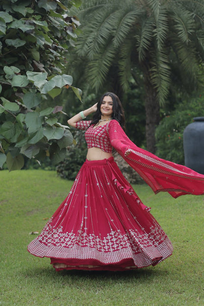 Rani Color Function Wear Georgette Embroidery Work Lehenga Choli Dupatta Set