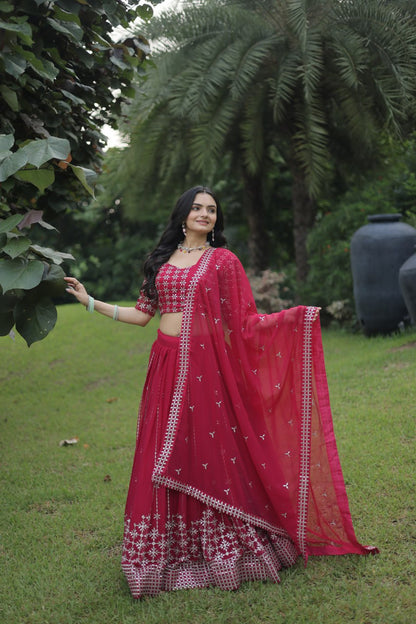 Rani Color Function Wear Georgette Embroidery Work Lehenga Choli Dupatta Set