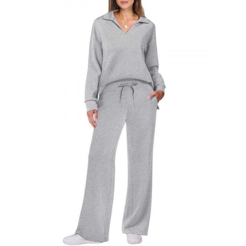 Women's Tracksuit Sports Suit V-neck Long-sleeved Pullover Top And Drawstring Straight-leg Trousers Casual Solid Trousers Set