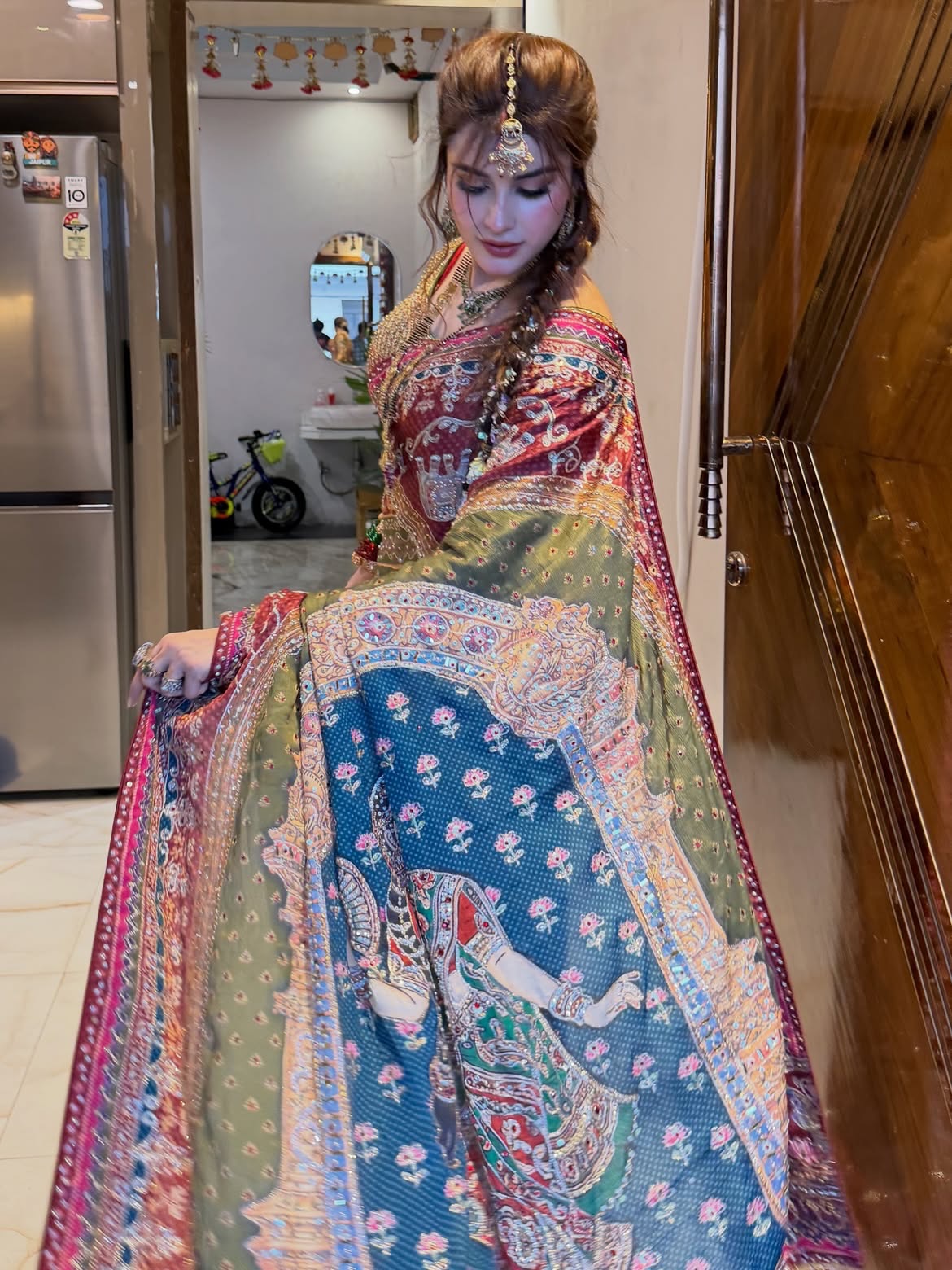 Ville Fashion Women's Chinon Silk Saree with Printed Design, Mirror Work & Zari Woven Detailing | Ethnic Wear Saree with Unstitched Blouse Piece