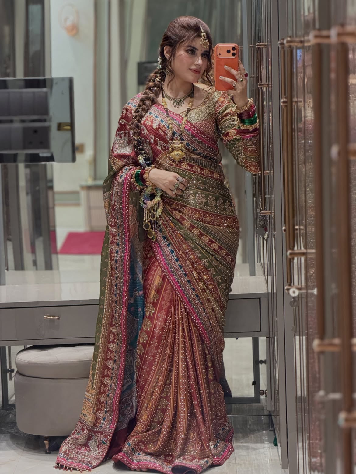 Ville Fashion Women's Chinon Silk Saree with Printed Design, Mirror Work & Zari Woven Detailing | Ethnic Wear Saree with Unstitched Blouse Piece