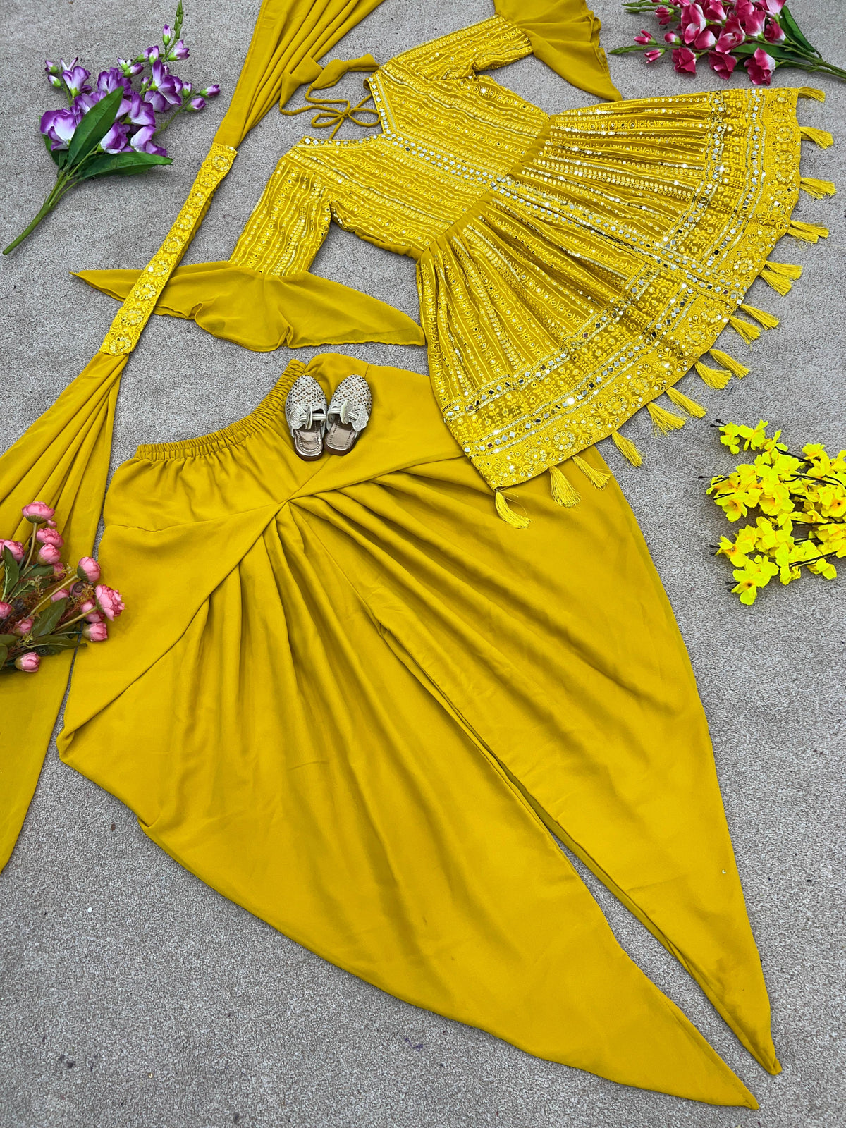 Yellow Women Dhoti Kurta Dupatta Set For Women