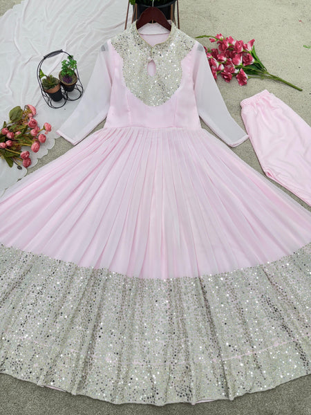 Light Pink Georgette Gown For Women with Embroidery work