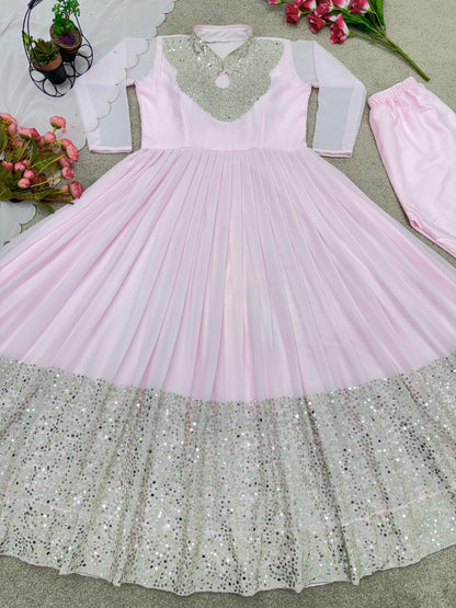 Light Pink Georgette Gown For Women with Embroidery work