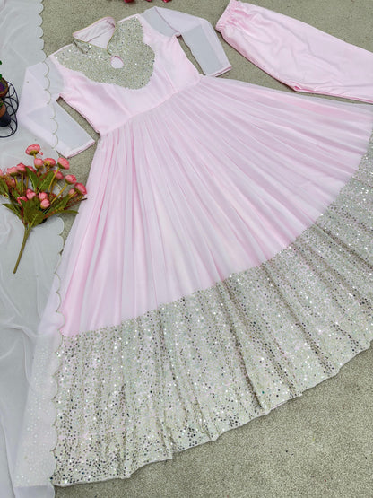 Light Pink Georgette Gown For Women with Embroidery work