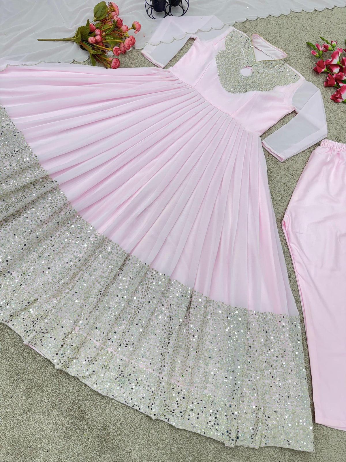 Light Pink Georgette Gown For Women with Embroidery work
