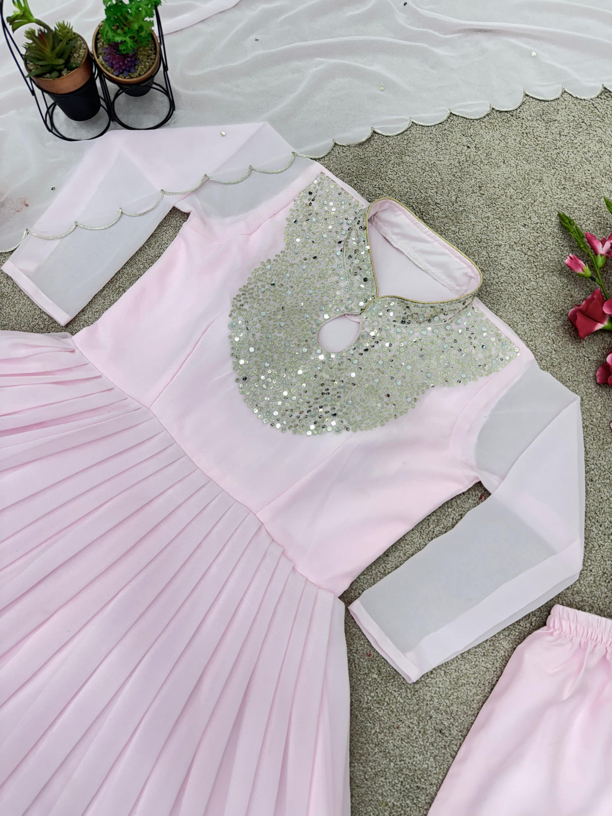 Light Pink Georgette Gown For Women with Embroidery work