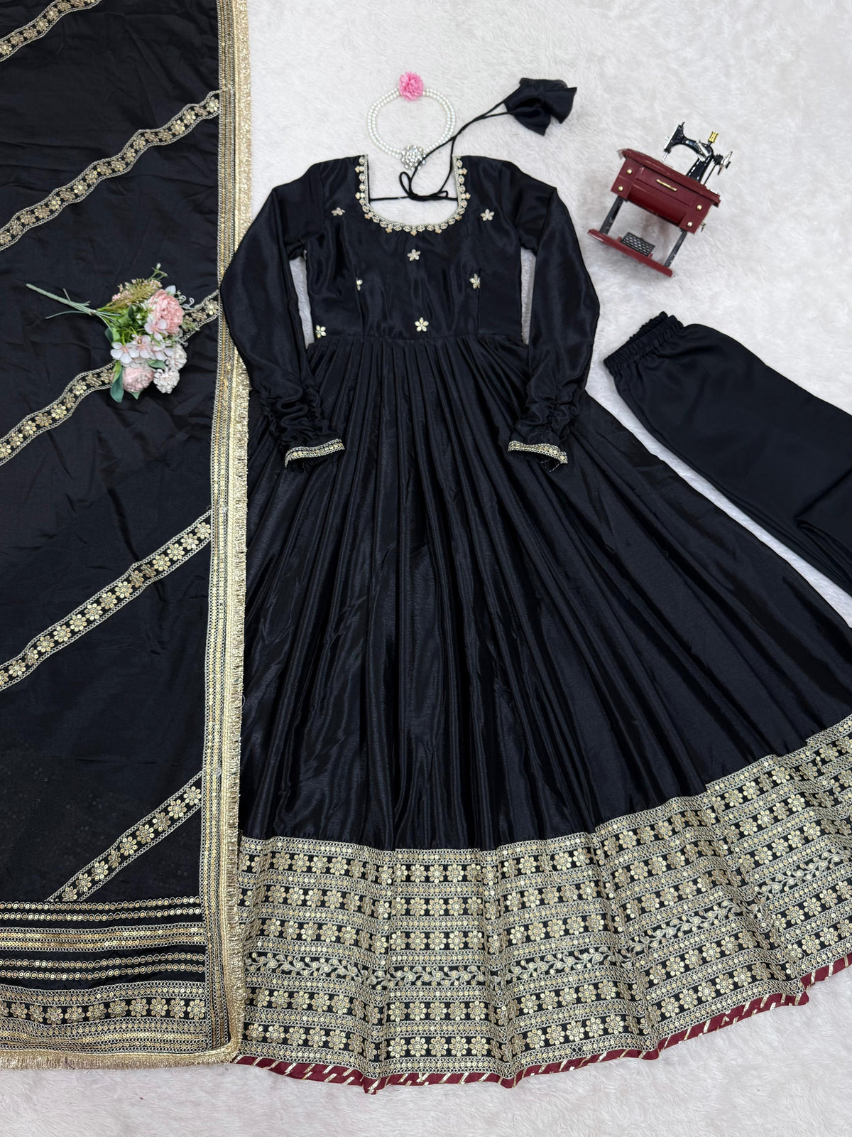 Elegant Chinon Silk Ethnic Set with Thread Sequence Embroidery