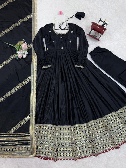 Elegant Chinon Silk Ethnic Set with Thread Sequence Embroidery