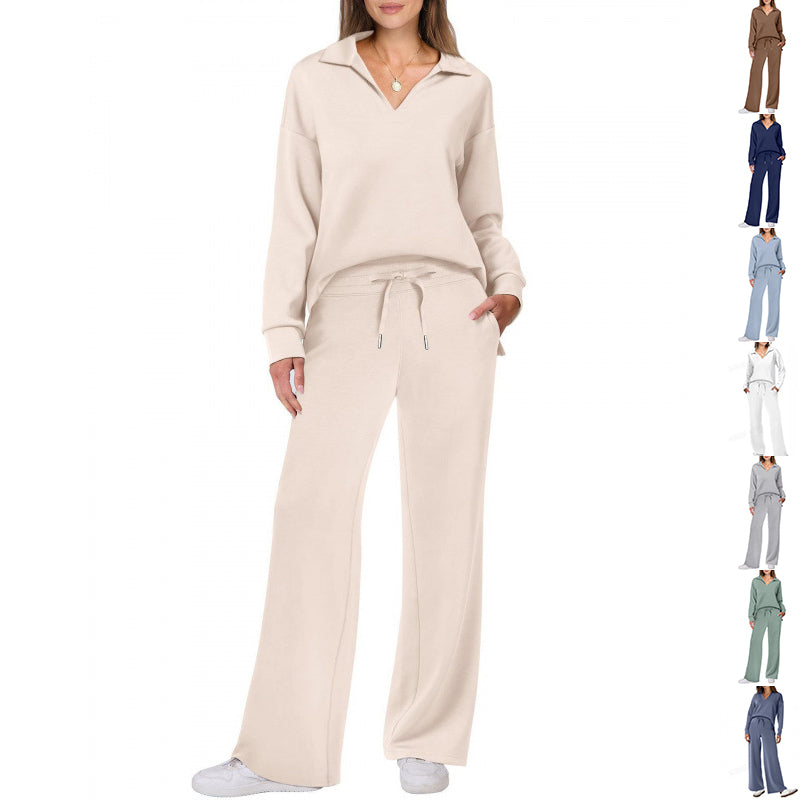 Women's Tracksuit Sports Suit V-neck Long-sleeved Pullover Top And Drawstring Straight-leg Trousers Casual Solid Trousers Set