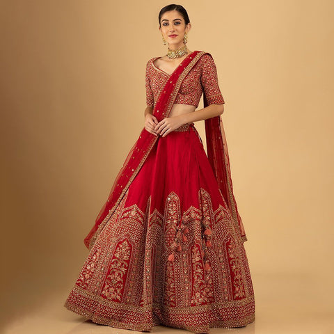 Red Wedding Lehenga Choli with Double Dupatta Set