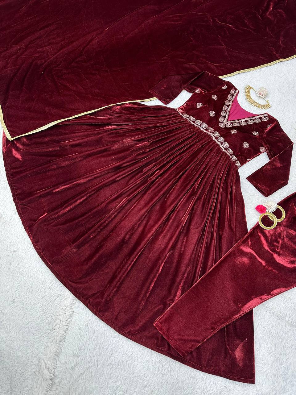 Elegant Maroon Color Velvet Thread Work Full Stitched Gown Pent With Duppatta