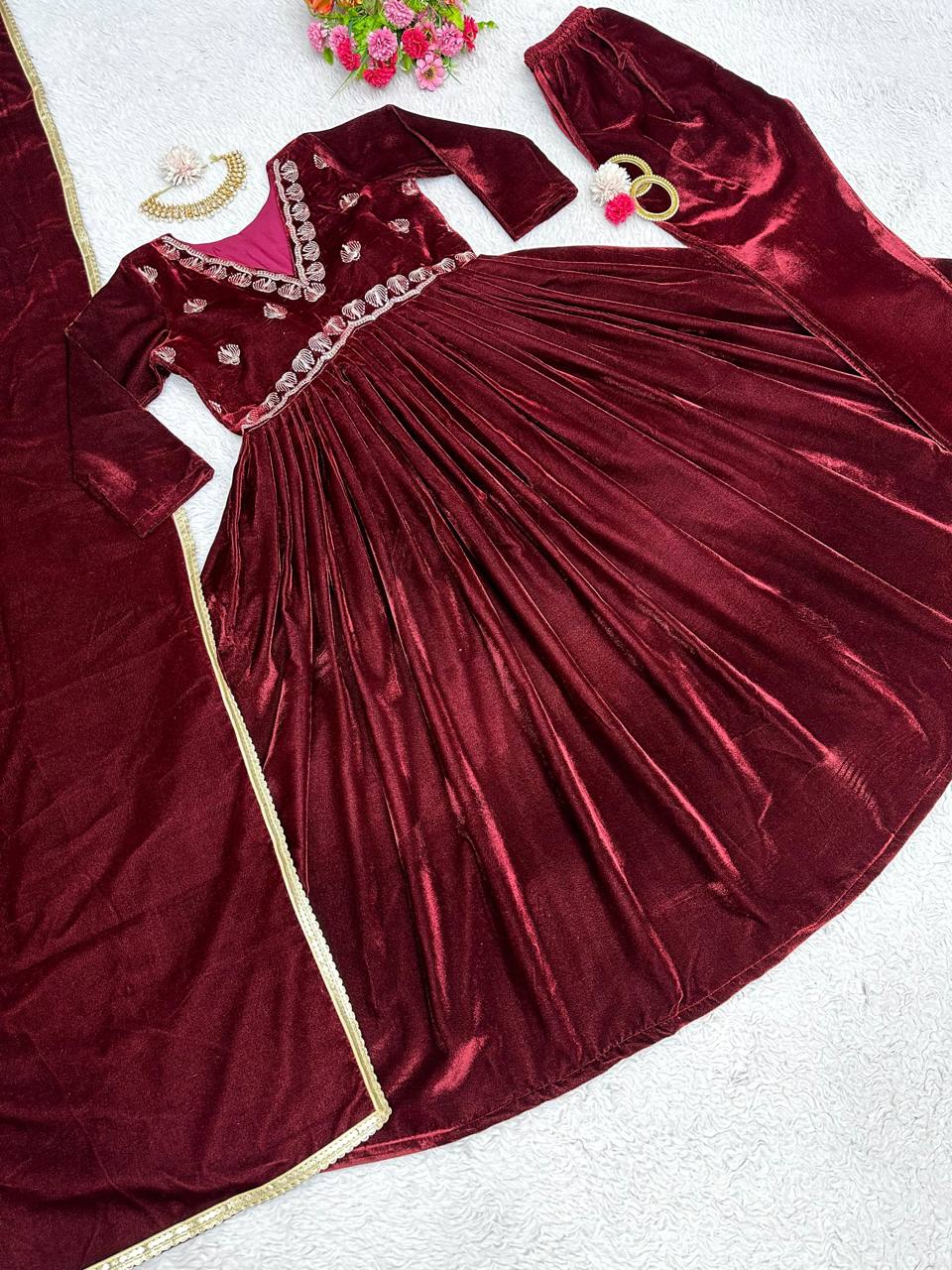 Elegant Maroon Color Velvet Thread Work Full Stitched Gown Pent With Duppatta