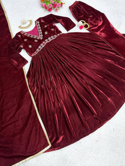 Elegant Maroon Color Velvet Thread Work Full Stitched Gown Pent With Duppatta