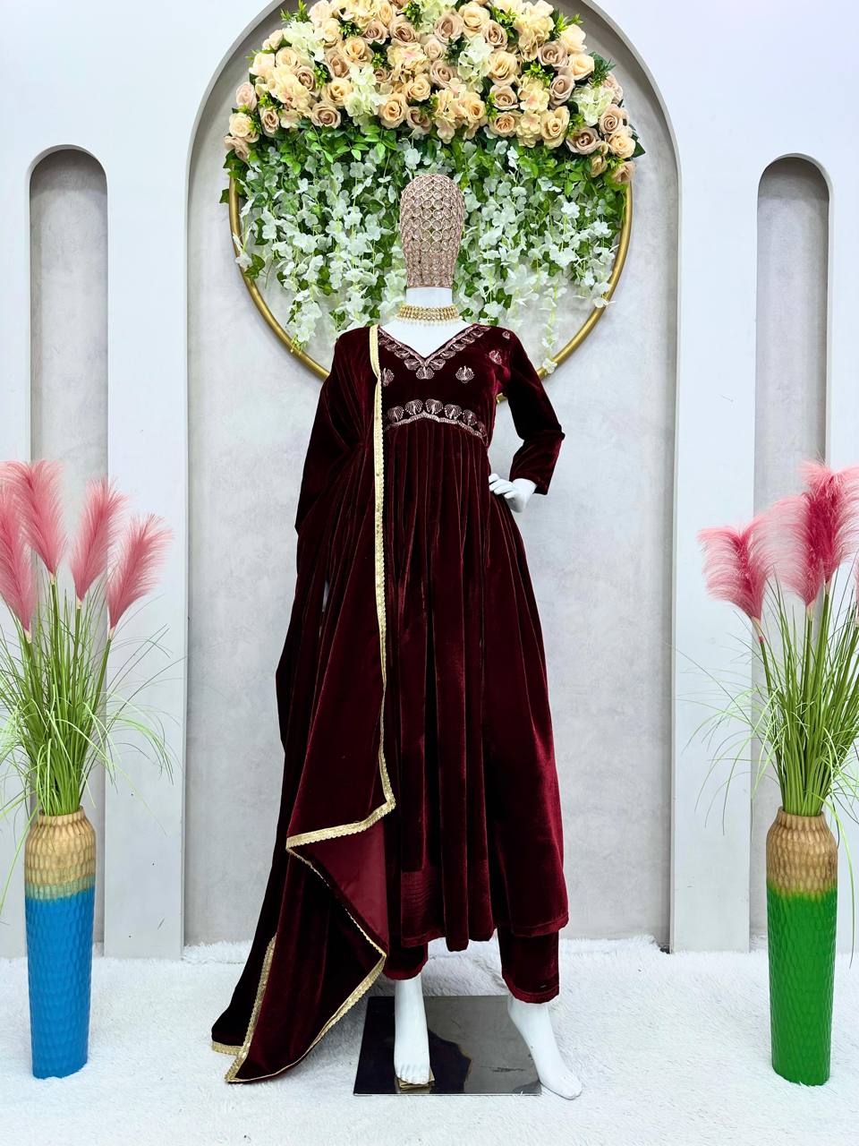 Elegant Maroon Color Velvet Thread Work Full Stitched Gown Pent With Duppatta