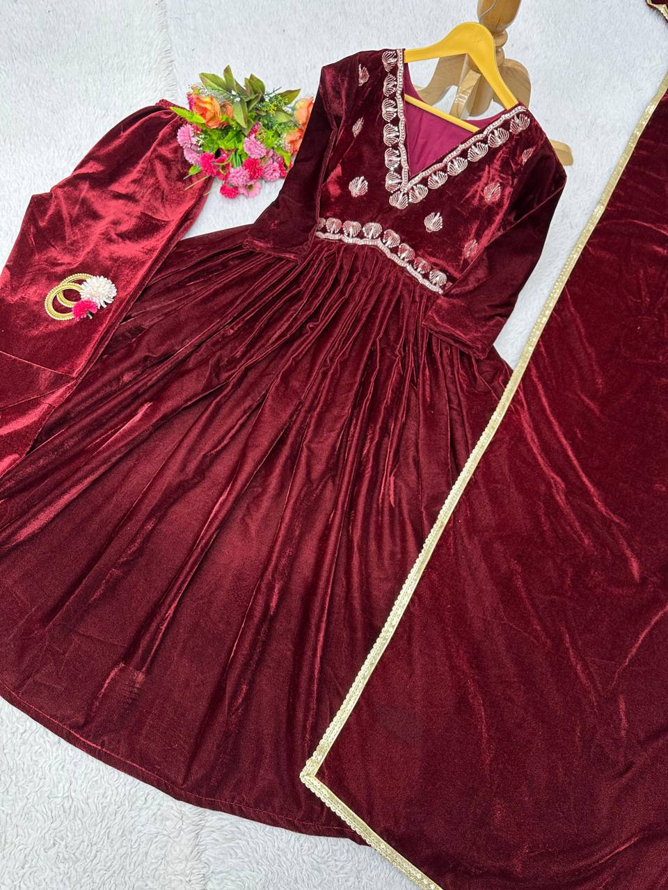 Elegant Maroon Color Velvet Thread Work Full Stitched Gown Pent With Duppatta