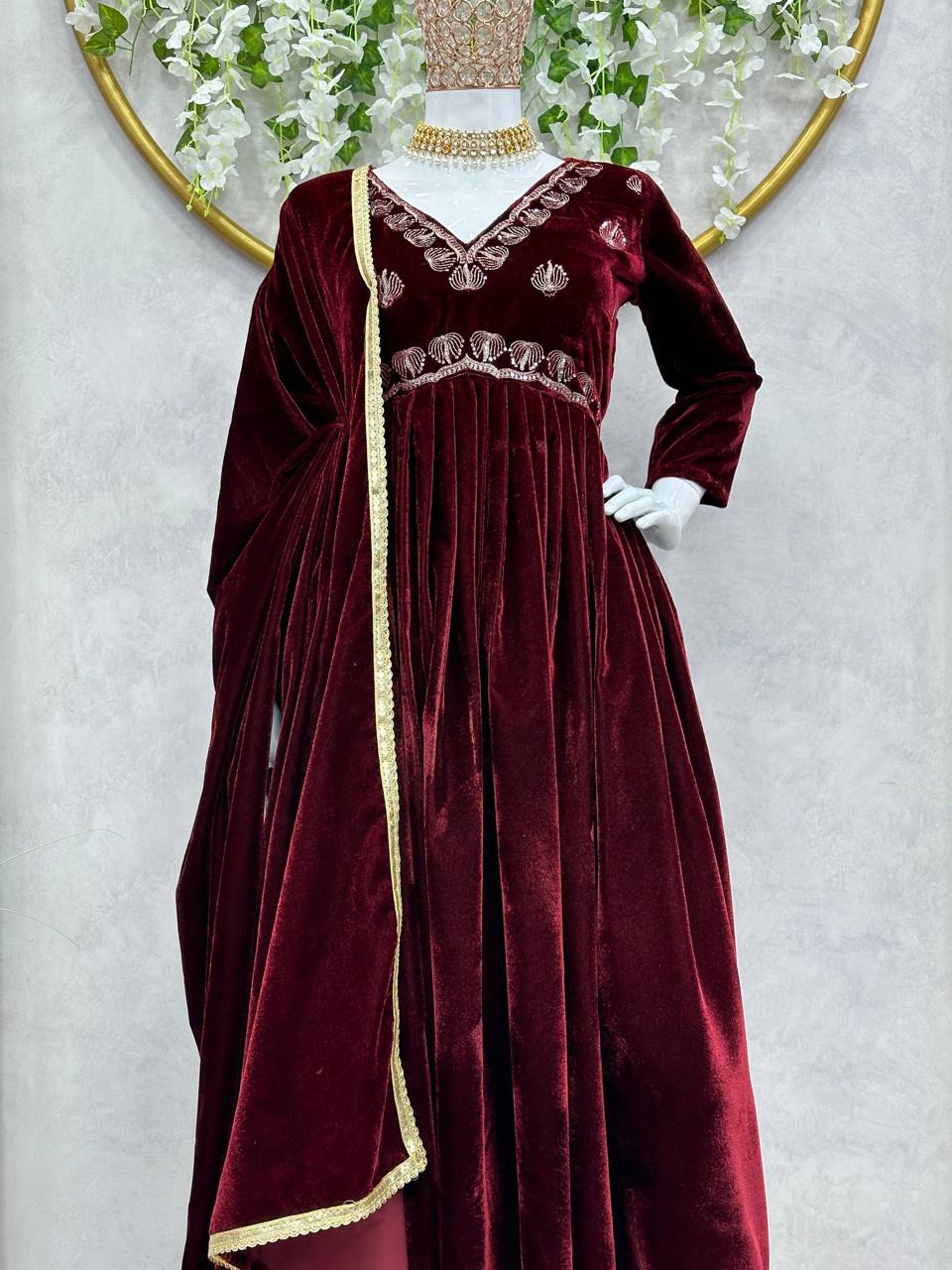 Elegant Maroon Color Velvet Thread Work Full Stitched Gown Pent With Duppatta