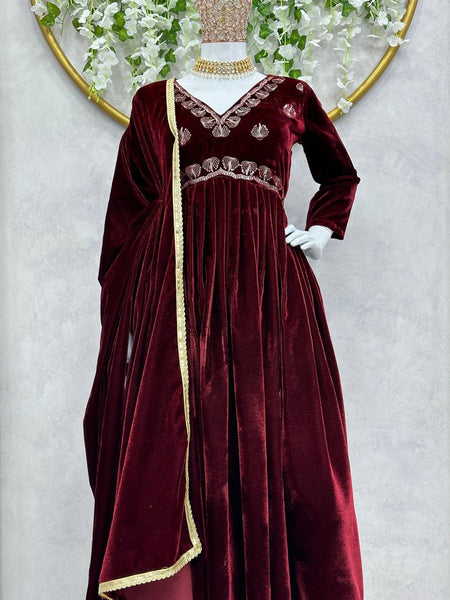 Elegant Maroon Color Velvet Thread Work Full Stitched Gown Pent With Duppatta