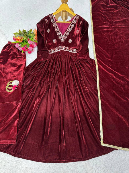 Elegant Maroon Color Velvet Thread Work Full Stitched Gown Pent With Duppatta