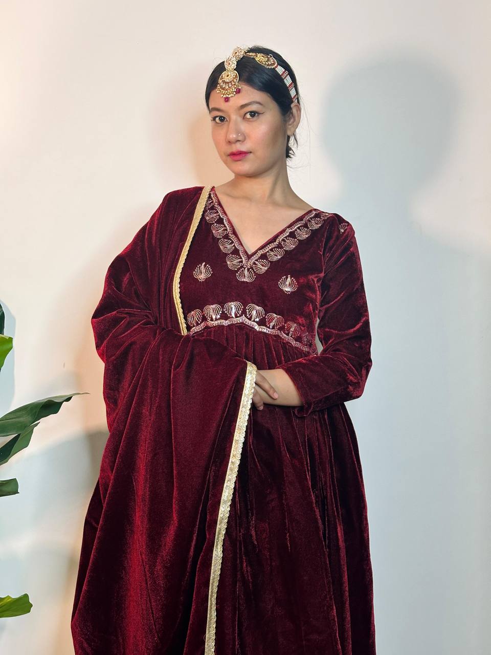 Elegant Maroon Color Velvet Thread Work Full Stitched Gown Pent With Duppatta