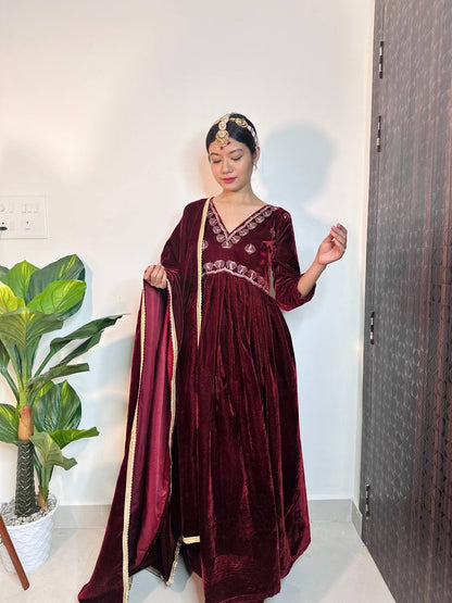 Elegant Maroon Color Velvet Thread Work Full Stitched Gown Pent With Duppatta