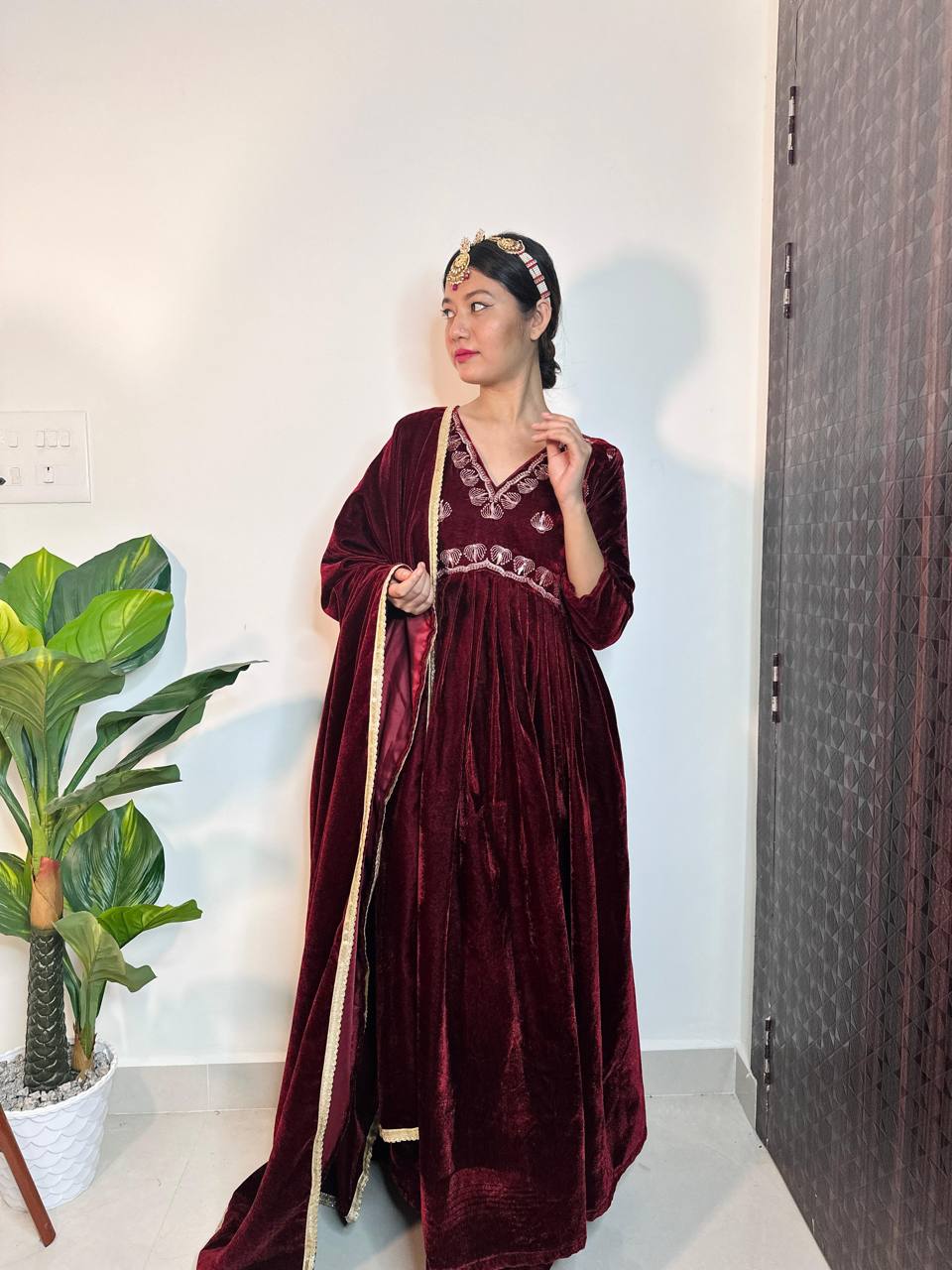 Elegant Maroon Color Velvet Thread Work Full Stitched Gown Pent With Duppatta