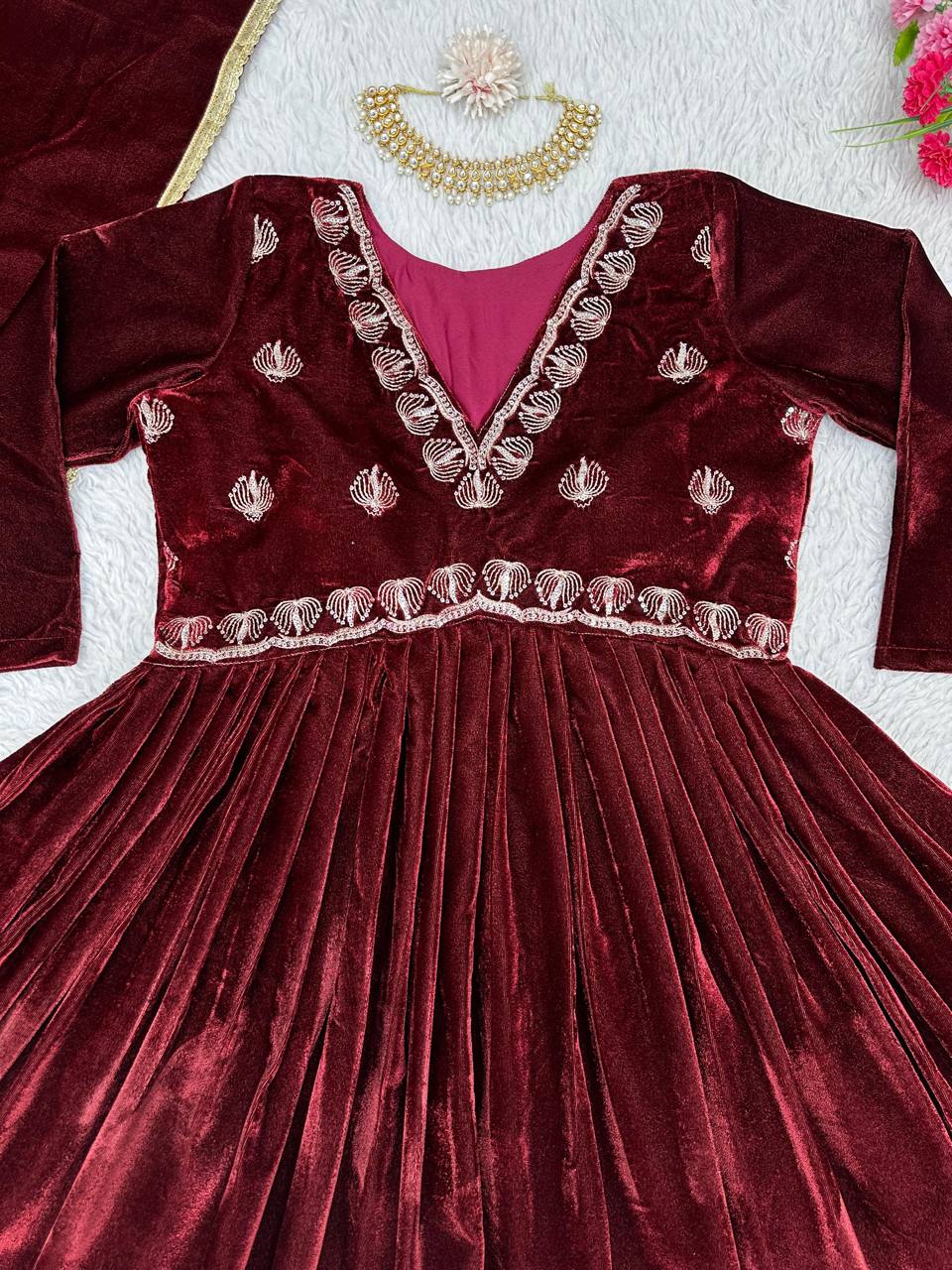 Elegant Maroon Color Velvet Thread Work Full Stitched Gown Pent With Duppatta