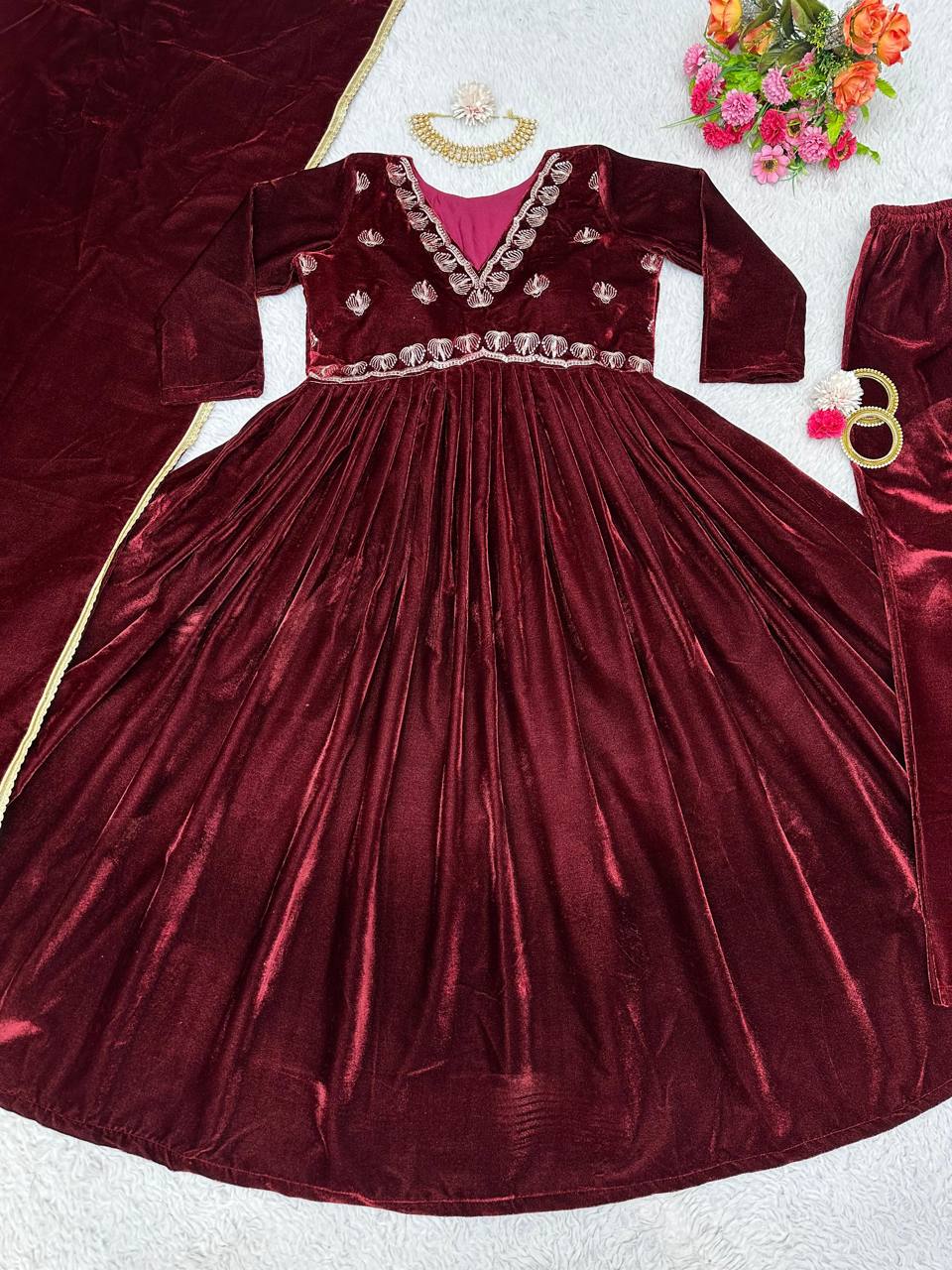 Elegant Maroon Color Velvet Thread Work Full Stitched Gown Pent With Duppatta