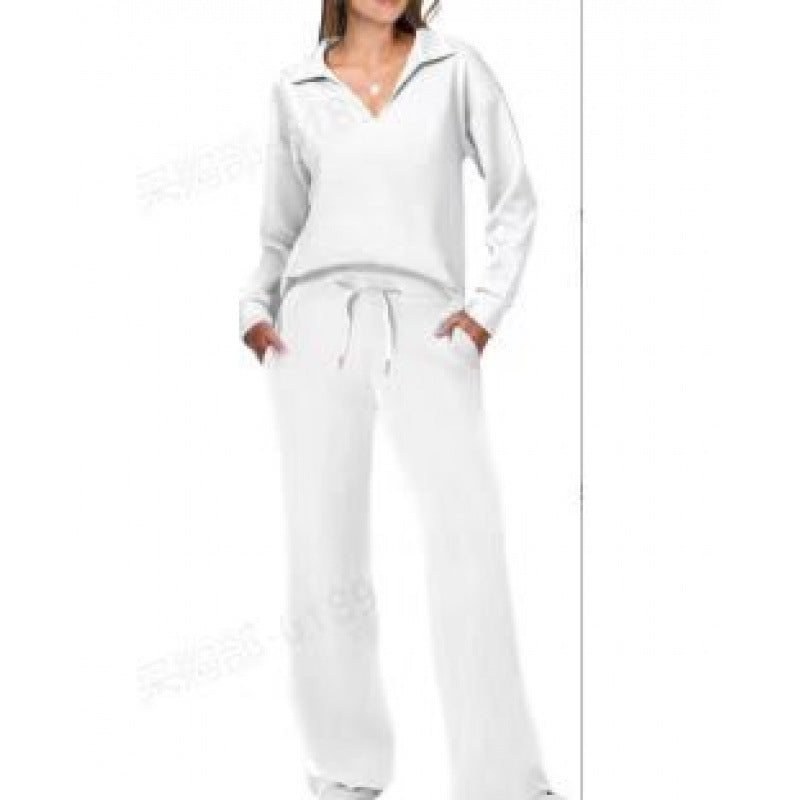 Women's Tracksuit Sports Suit V-neck Long-sleeved Pullover Top And Drawstring Straight-leg Trousers Casual Solid Trousers Set