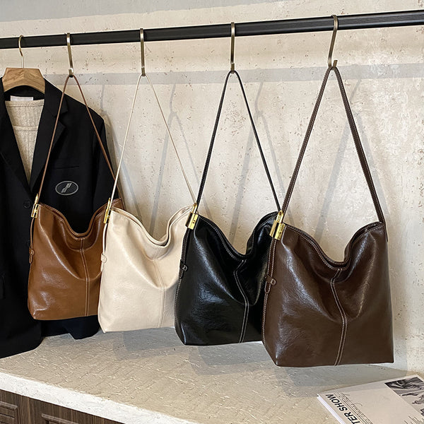 Large-capacity Textured Soft Leather Bag In A Korean-style Single-shoulder Design