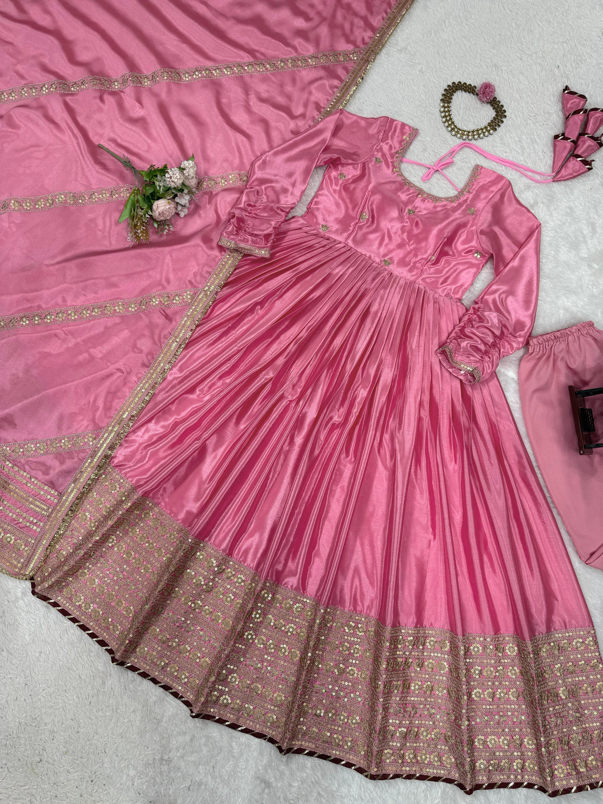 Elegant Chinon Silk Ethnic Set with Thread Sequence Embroidery