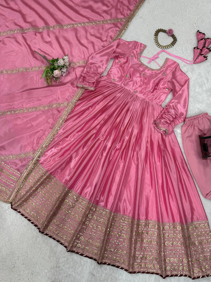 Elegant Chinon Silk Ethnic Set with Thread Sequence Embroidery