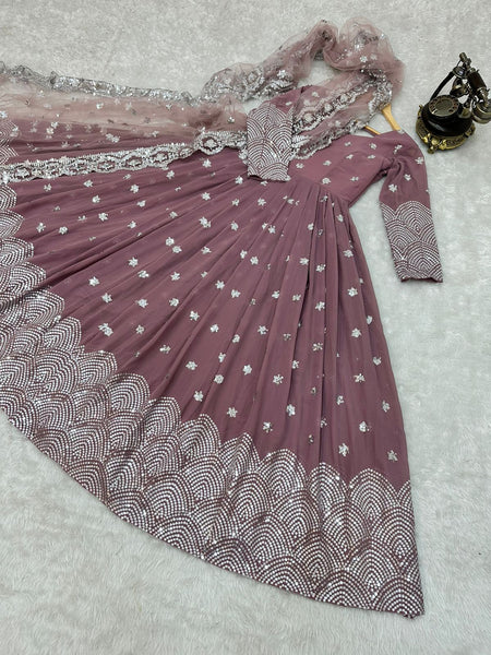 Onion Color Party Wear Georgette Full Stitched Gown with Dupatta