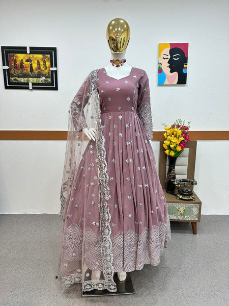 Onion Color Party Wear Georgette Full Stitched Gown with Dupatta
