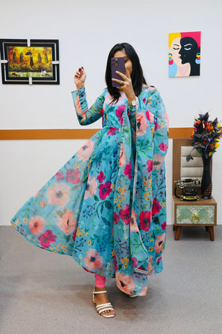 Blue Color Printed Organza Silk Anarkali Long Gown