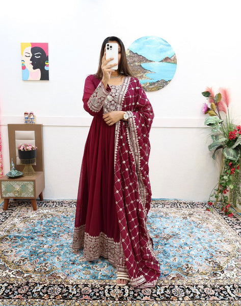 Extraordinary Maroon Gown With Dupatte Set For Women