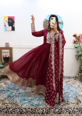 Extraordinary Maroon Gown With Dupatte Set For Women