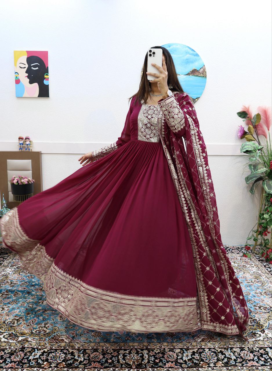 Extraordinary Maroon Gown With Dupatte Set For Women