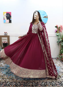 Extraordinary Maroon Gown With Dupatte Set For Women