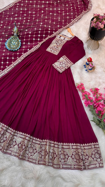 Extraordinary Maroon Gown With Dupatte Set For Women