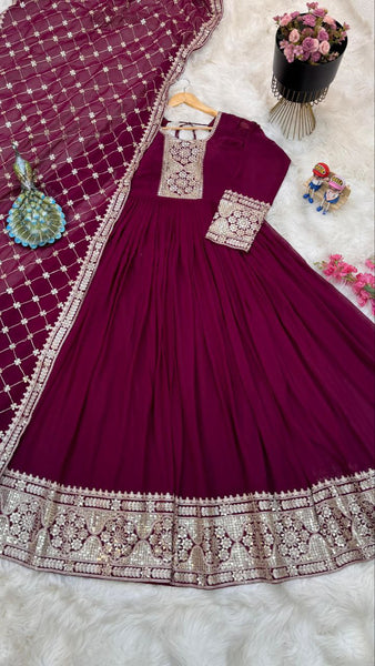 Extraordinary Maroon Gown With Dupatte Set For Women