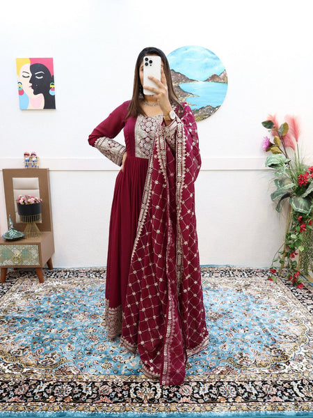 Extraordinary Maroon Gown With Dupatte Set For Women