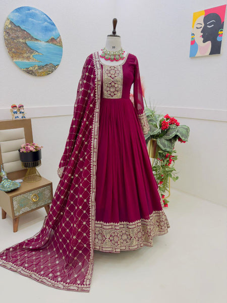 Extraordinary Maroon Gown With Dupatte Set For Women