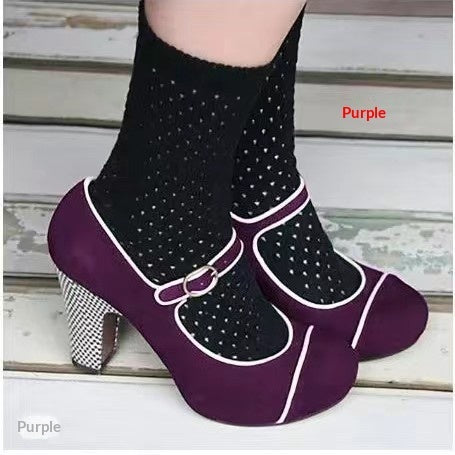 Womens Retro Round-Toe Low-Heel Pumps With Ankle Strap Buckle