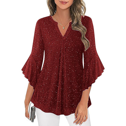 Womens Casual Silver-Thread Mesh V-Neck Petal Three-Quarter Sleeve Loose Top